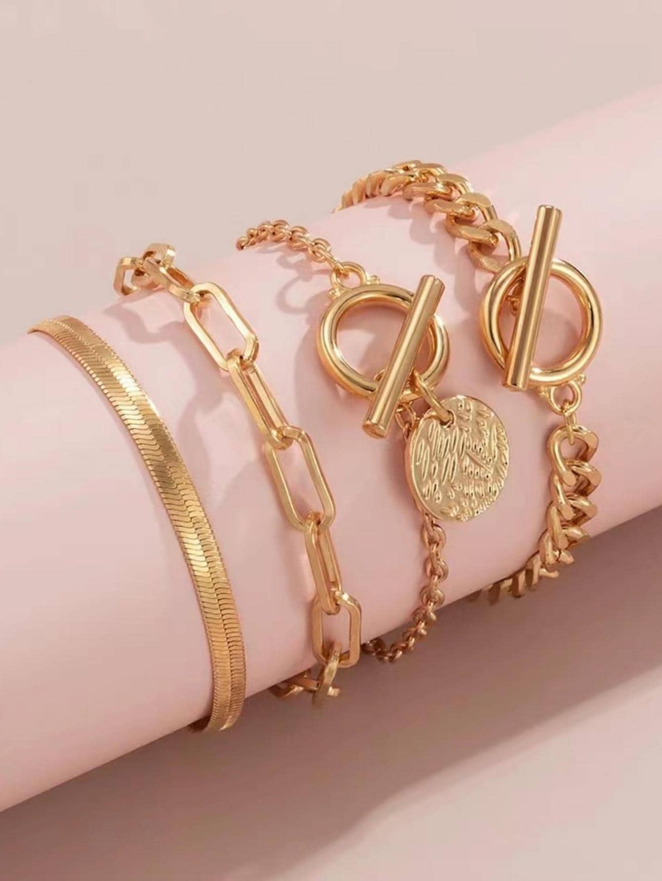 4pcs Minimalist Disc Charm OT Buckle Chain Bracelet Set For Women For Daily Jewelry Accessories