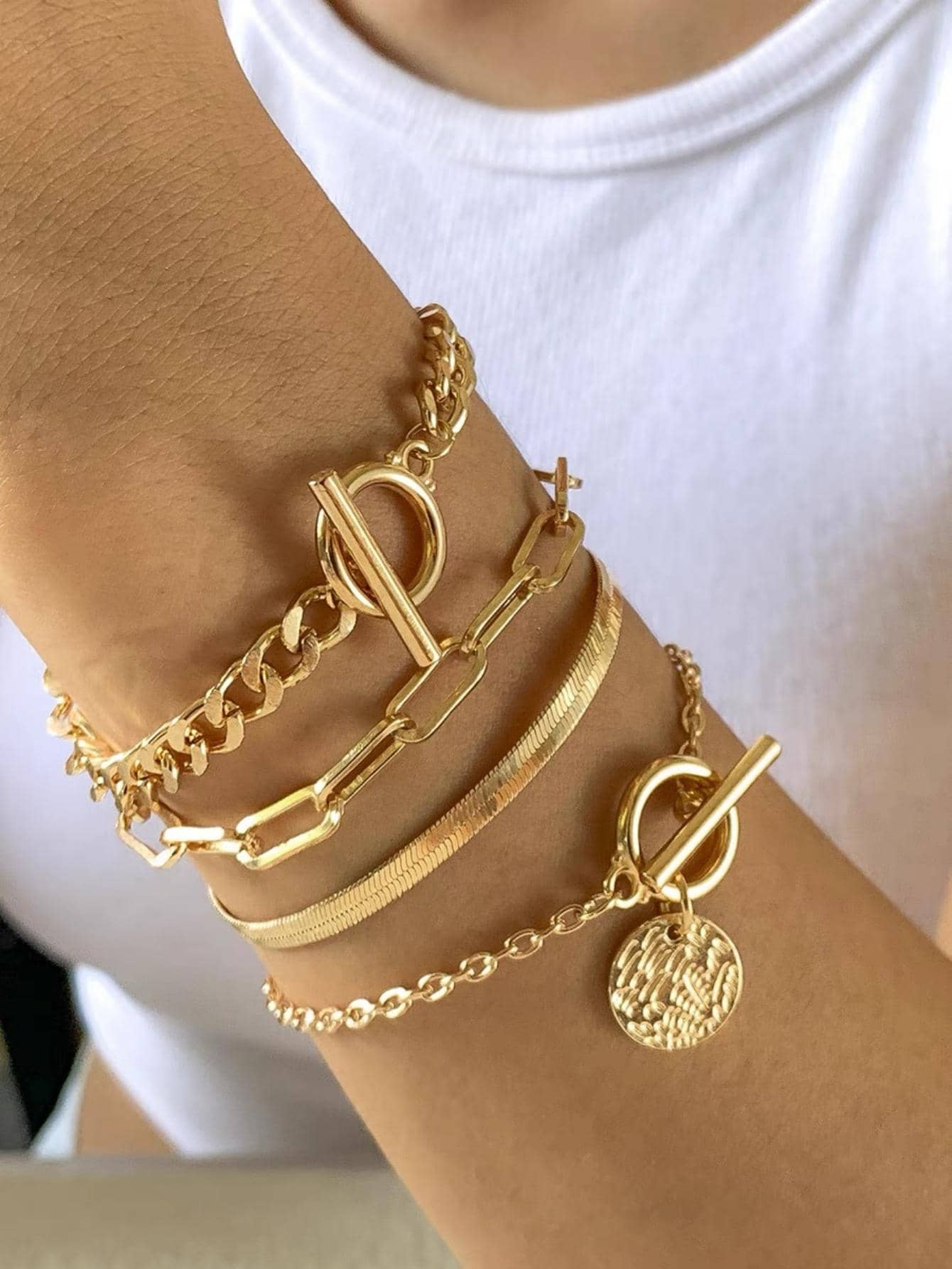 4pcs Minimalist Disc Charm OT Buckle Chain Bracelet Set For Women For Daily Jewelry Accessories