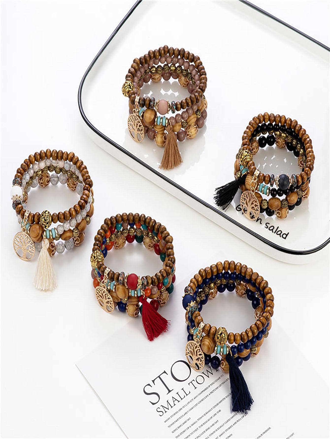 1set Bohemian Tassel & Hollow Out Tree Decor Beaded Bracelet For Women For Gift