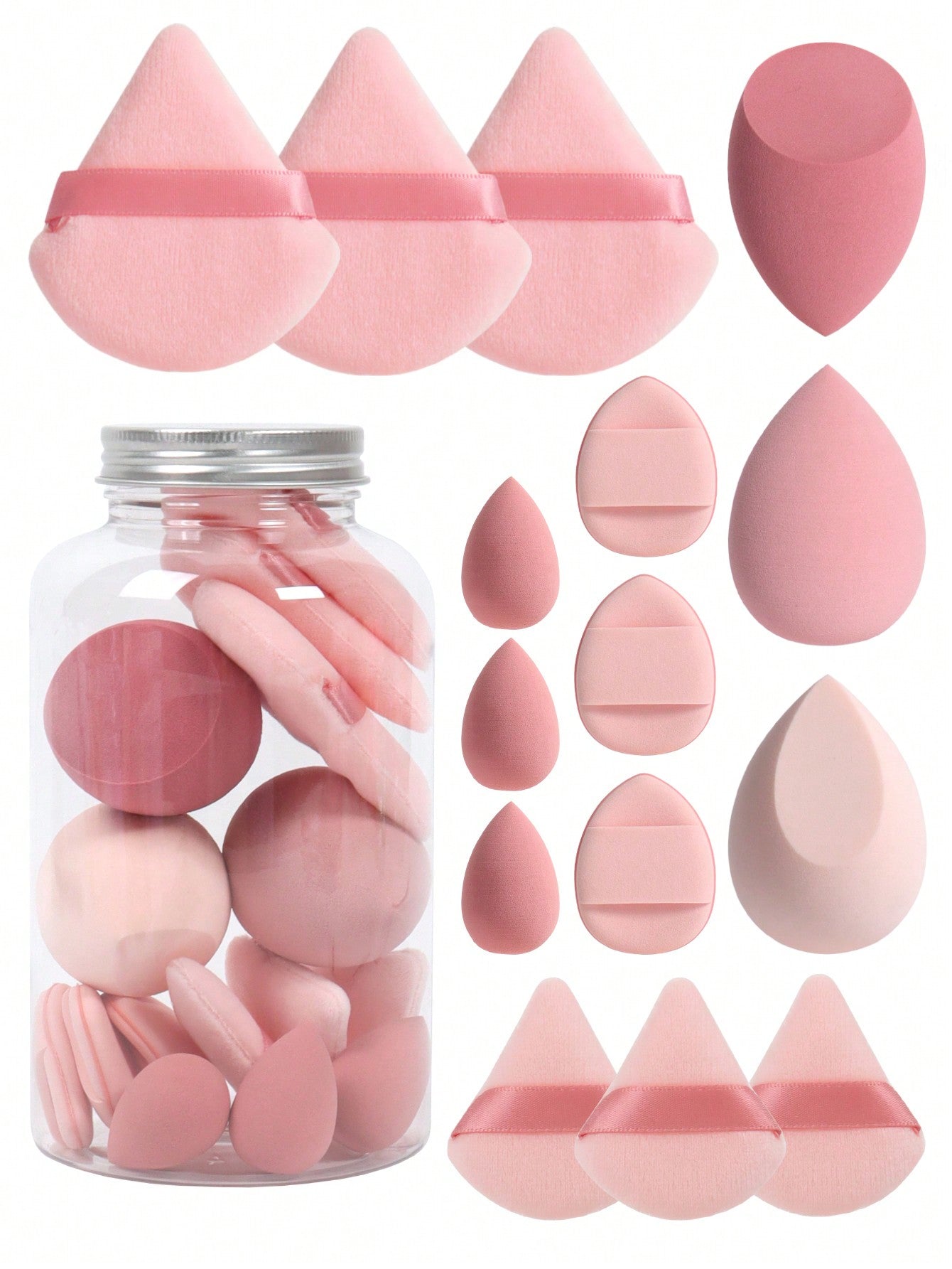 15pcs Makeup Sponge Set With Storage Jar, Including 3pcs Beauty Blender & 3pcs Mini Beauty Blender & 3pcs Powder Puff & 3pcs Mini Powder Puff & 3pcs Mini Finger Air Cushion Puff. Made Of Super Soft Velvet To Create Flawless, Cake-Free Looks With Liquids,