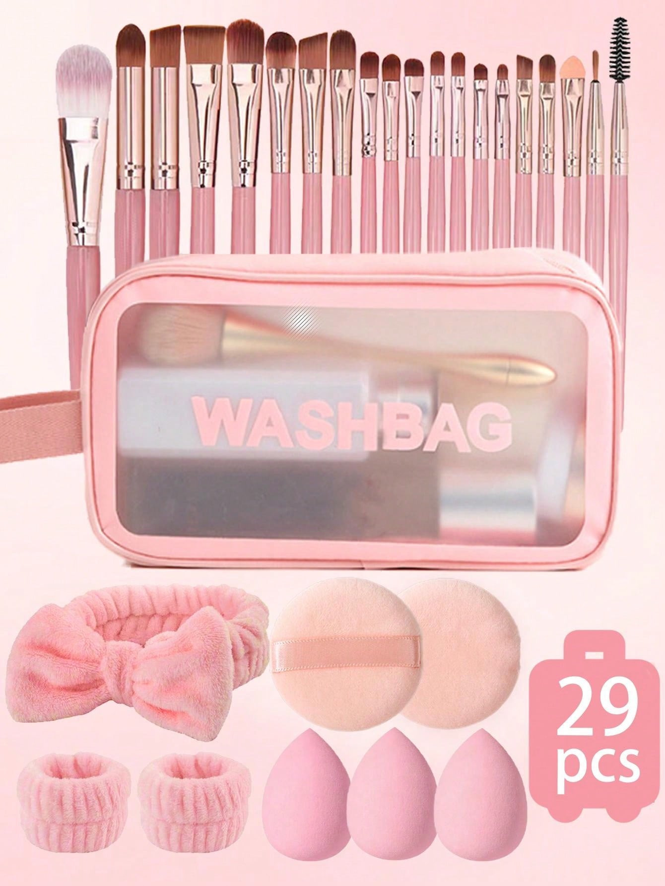 20/29pcs Makeup Brush Set Includes: 1pc Makeup Brush Holder, 20pcs Makeup Brushes, 3pcs Makeup Sponges, 1pc Headband, 2pcs Wristband, 2pcs Makeup Puffs, Makeup Brush Set, Makeup Bag, Portable Makeup Tool Kit, Suitable For Eyeshadow Palette, Liquid Eyesha