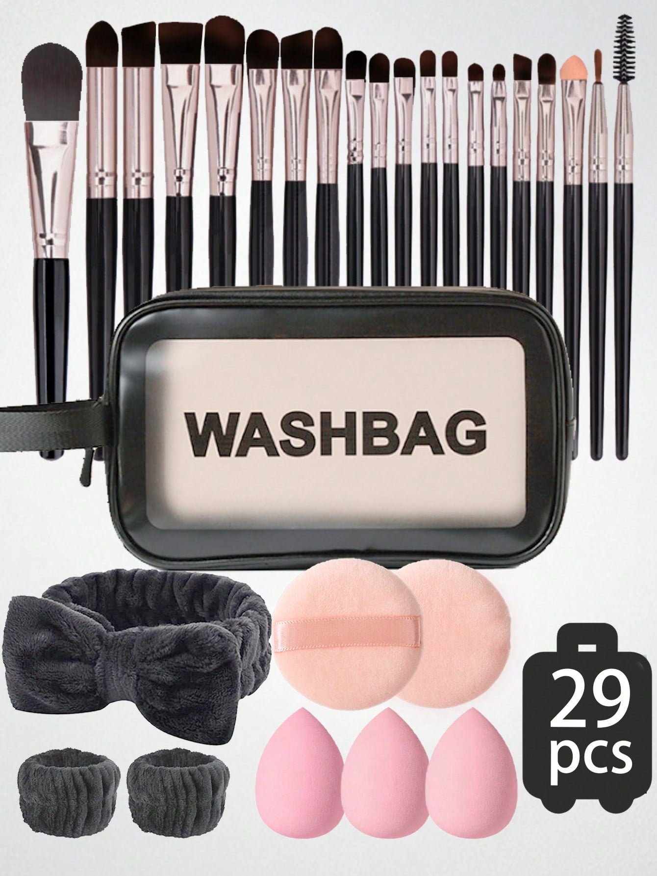 20/29pcs Makeup Brush Set Includes: 1pc Makeup Brush Holder, 20pcs Makeup Brushes, 3pcs Makeup Sponges, 1pc Headband, 2pcs Wristband, 2pcs Makeup Puffs, Makeup Brush Set, Makeup Bag, Portable Makeup Tool Kit, Suitable For Eyeshadow Palette, Liquid Eyesha