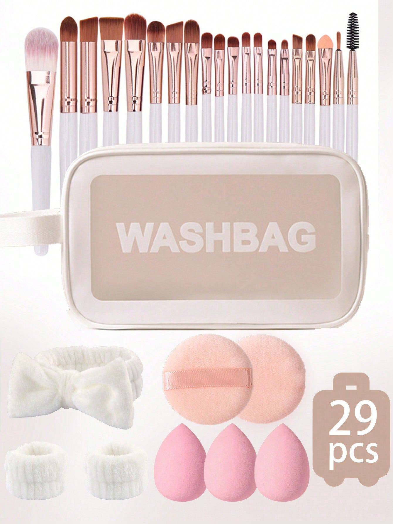 20/29pcs Makeup Brush Set Includes: 1pc Makeup Brush Holder, 20pcs Makeup Brushes, 3pcs Makeup Sponges, 1pc Headband, 2pcs Wristband, 2pcs Makeup Puffs, Makeup Brush Set, Makeup Bag, Portable Makeup Tool Kit, Suitable For Eyeshadow Palette, Liquid Eyesha