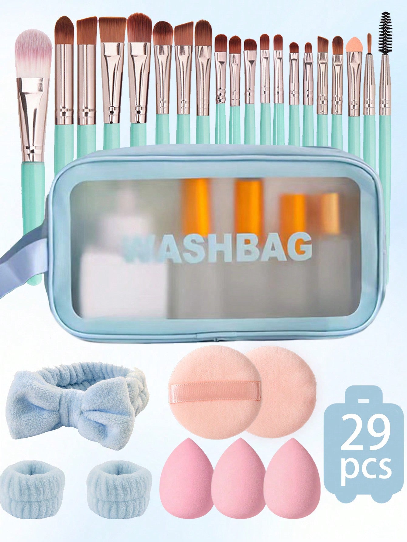 20/29pcs Makeup Brush Set Includes: 1pc Makeup Brush Holder, 20pcs Makeup Brushes, 3pcs Makeup Sponges, 1pc Headband, 2pcs Wristband, 2pcs Makeup Puffs, Makeup Brush Set, Makeup Bag, Portable Makeup Tool Kit, Suitable For Eyeshadow Palette, Liquid Eyesha