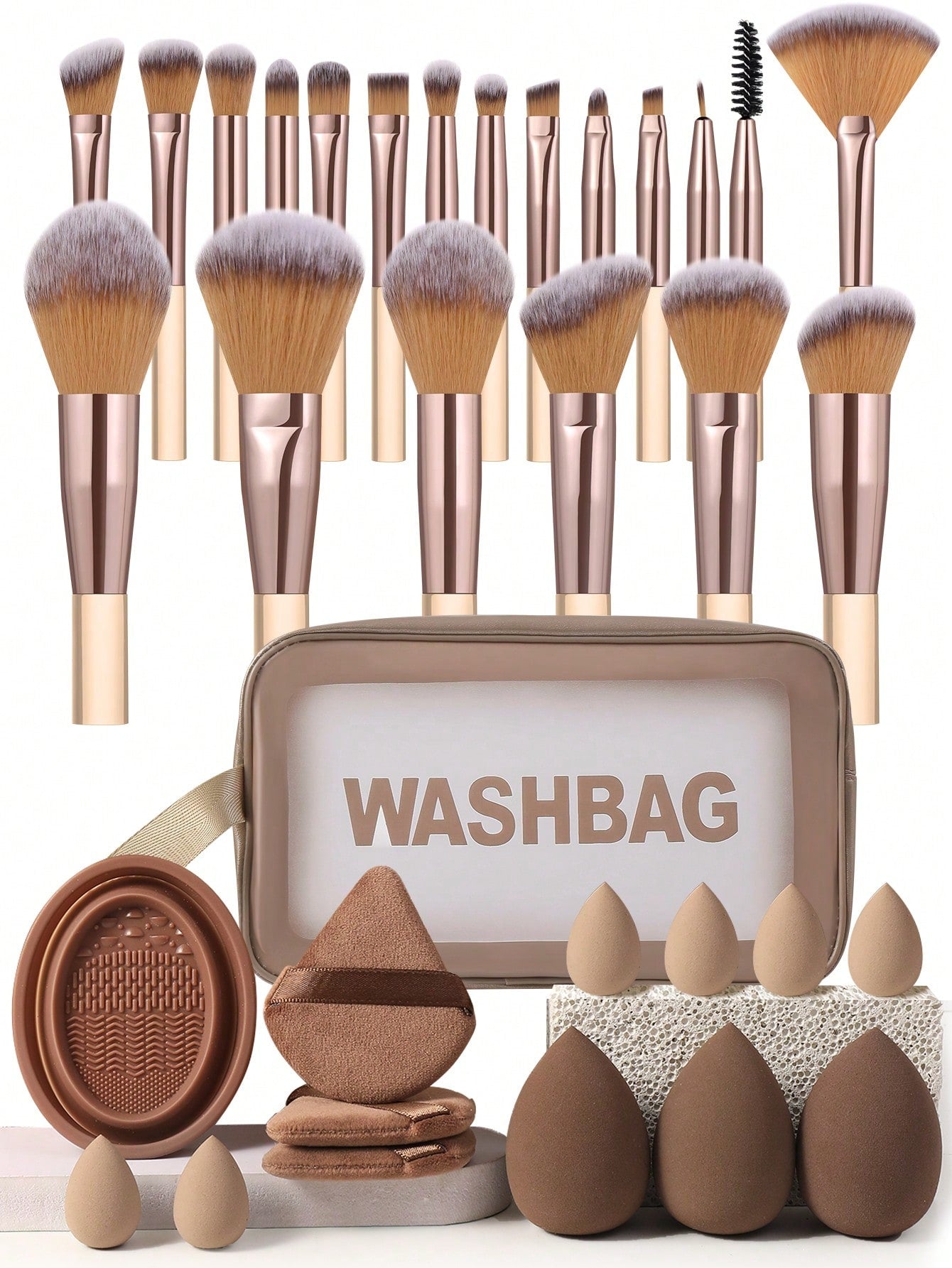 (Champagne)1/13/20/33/34PCS Makeup Tools Set Including:1pc Multi-Functional Zipper Toiletry And Cosmetic Bag Waterproof 20PCS Makeup Brush Sets 3PCS Makeup Sponges 6PCS Mini Makeup Sponges 3PCS Triangle Powder Puffs 1pc Makeup Brush Cleaning Tools