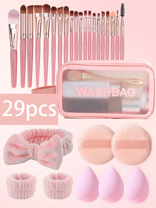 20/29pcs Makeup Brush Set Includes: 1pc Makeup Brush Holder, 20pcs Makeup Brushes, 3pcs Makeup Sponges, 1pc Headband, 2pcs Wristband, 2pcs Makeup Puffs, Makeup Brush Set, Makeup Bag, Portable Makeup Tool Kit, Suitable For Eyeshadow Palette, Liquid Eyesha