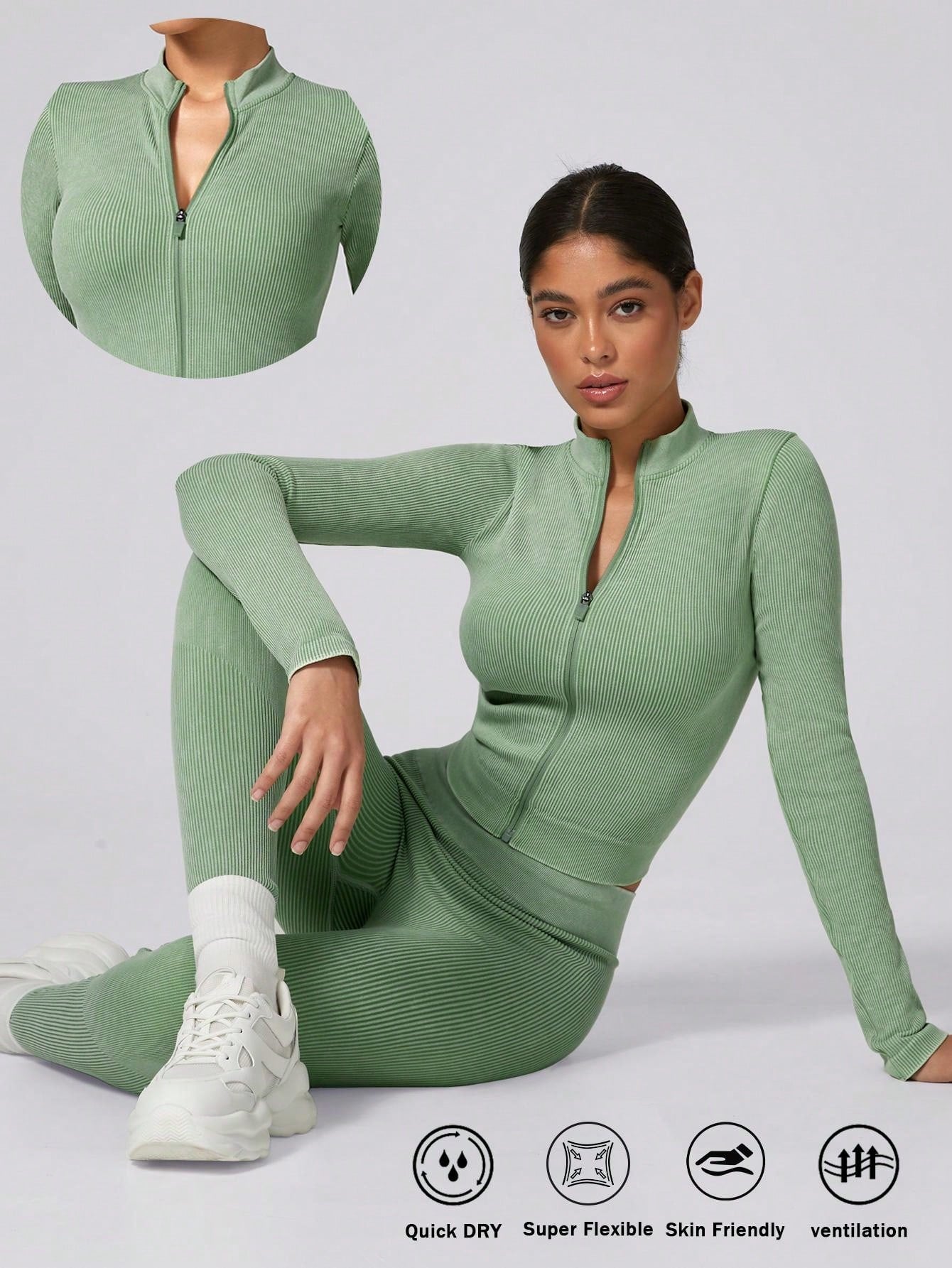 1 Set Women's Fashion Velvet Long Sleeve Activewear Tracksuit, Ribbed Zip-Up Outdoor Cold Weather Clothes, Base Layer Shapewear Sports Suit