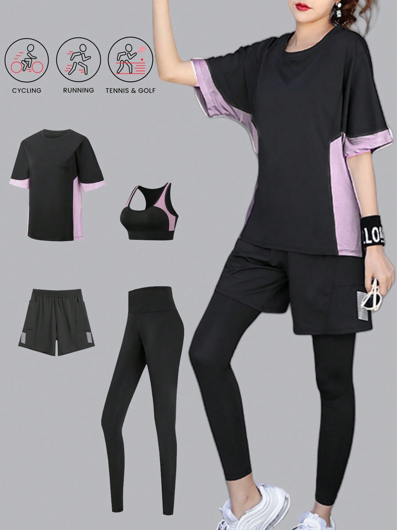 4pcs Women Yoga Bra, Loose Tee, Leggings, Casual Sportswear Set