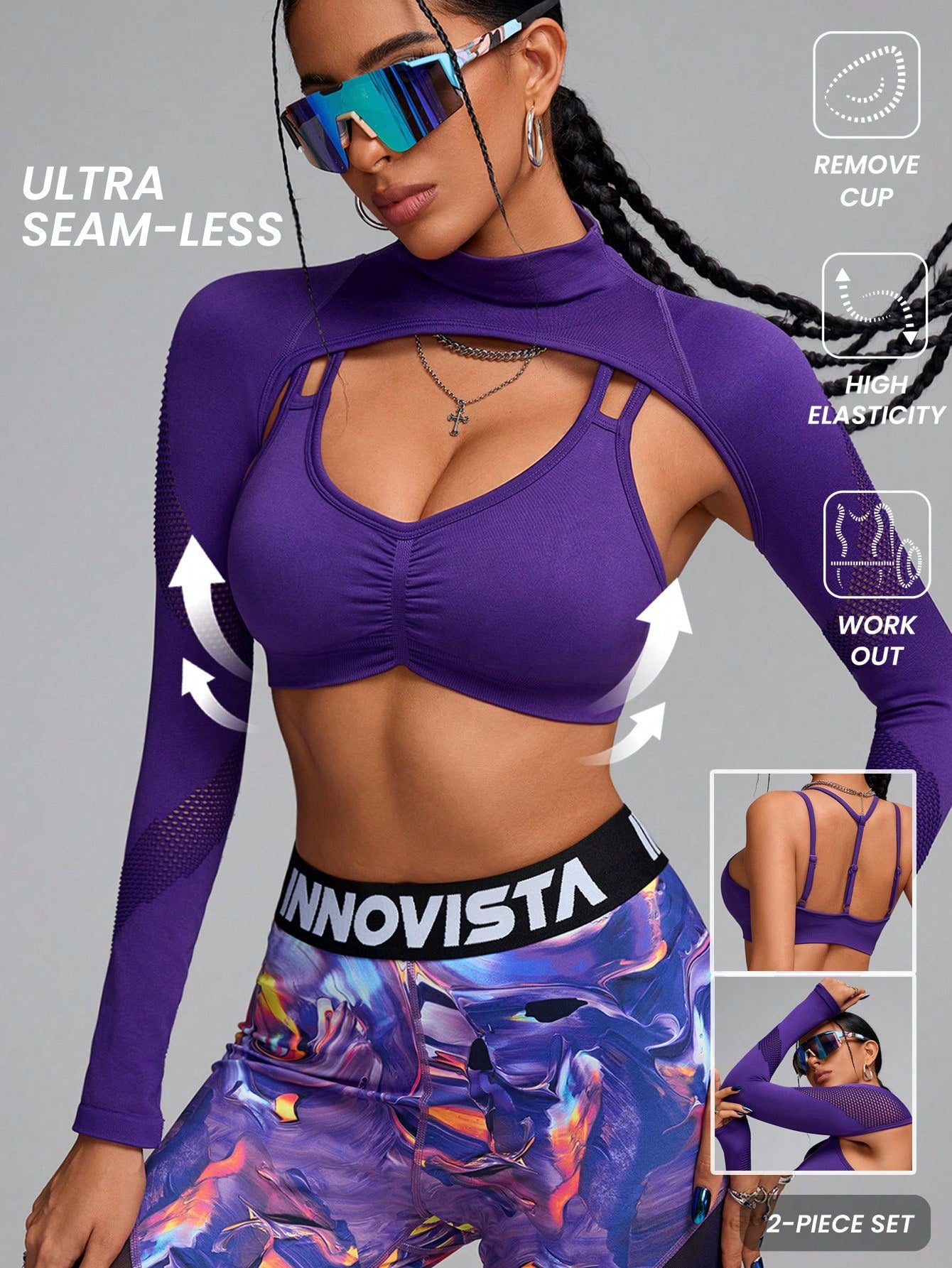 Sport Innovista Women's High Elastic Seamless Sports Tees 2pcs, Two Piece Set,Gym Woman Tees,Daily Casual & Workout Tees,High Elastic Support Sports Bra,Gym Set,Fall Winter Women Outfit ,Outdoor,Skiing,Yoga Work Out,Gym Clothes,Purple,Running Work Out