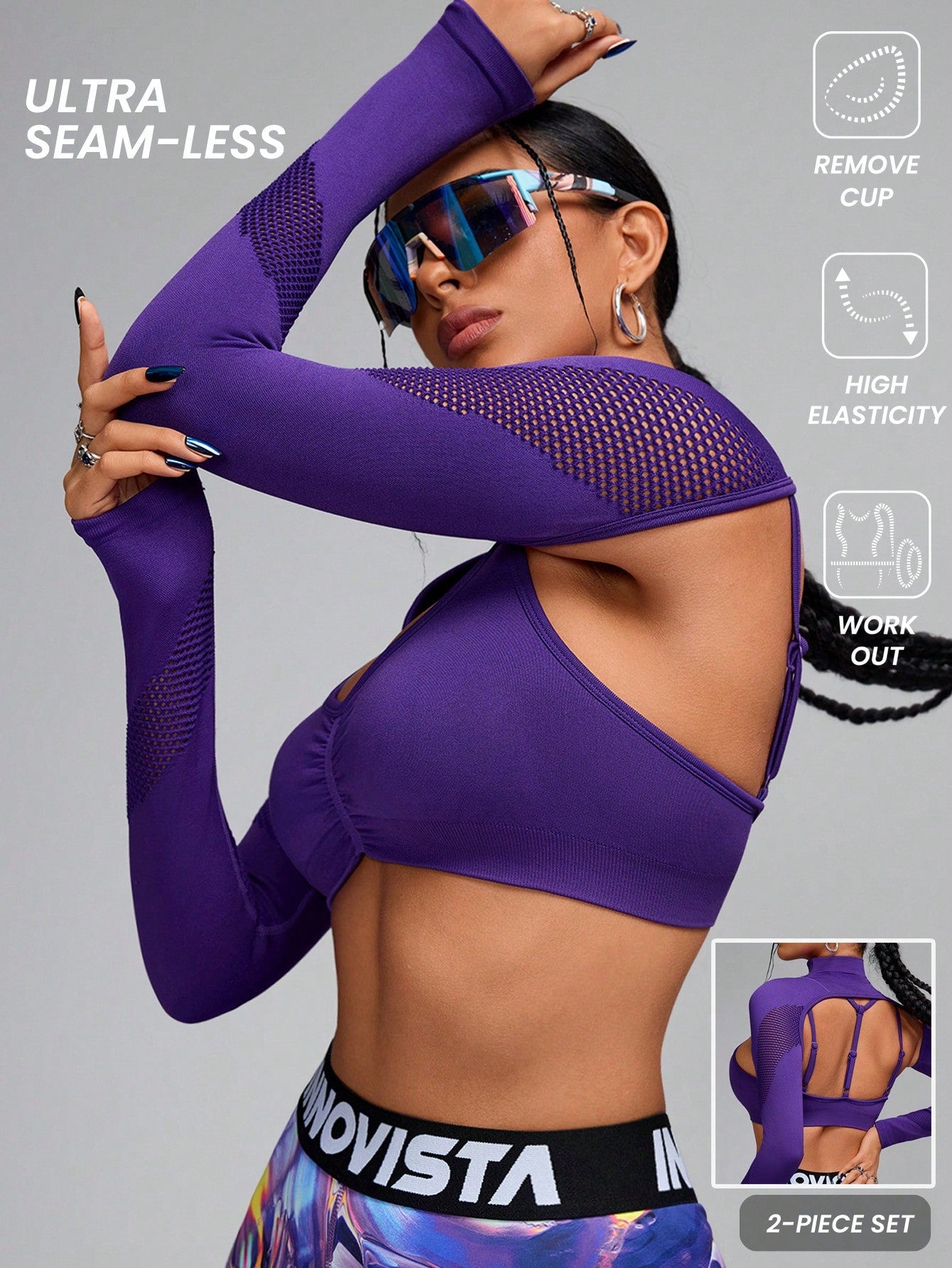 Sport Innovista Women's High Elastic Seamless Sports Tees 2pcs, Two Piece Set,Gym Woman Tees,Daily Casual & Workout Tees,High Elastic Support Sports Bra,Gym Set,Fall Winter Women Outfit ,Outdoor,Skiing,Yoga Work Out,Gym Clothes,Purple,Running Work Out