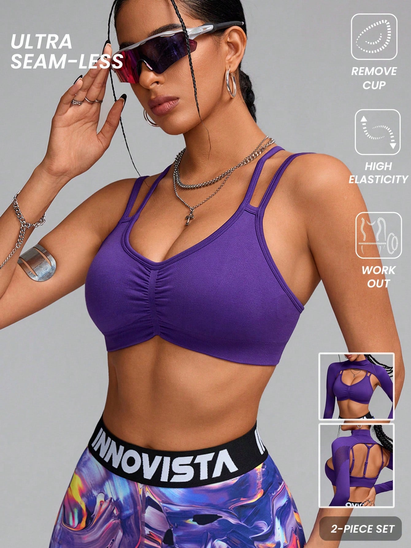 Sport Innovista Women's High Elastic Seamless Sports Tees 2pcs, Two Piece Set,Gym Woman Tees,Daily Casual & Workout Tees,High Elastic Support Sports Bra,Gym Set,Fall Winter Women Outfit ,Outdoor,Skiing,Yoga Work Out,Gym Clothes,Purple,Running Work Out