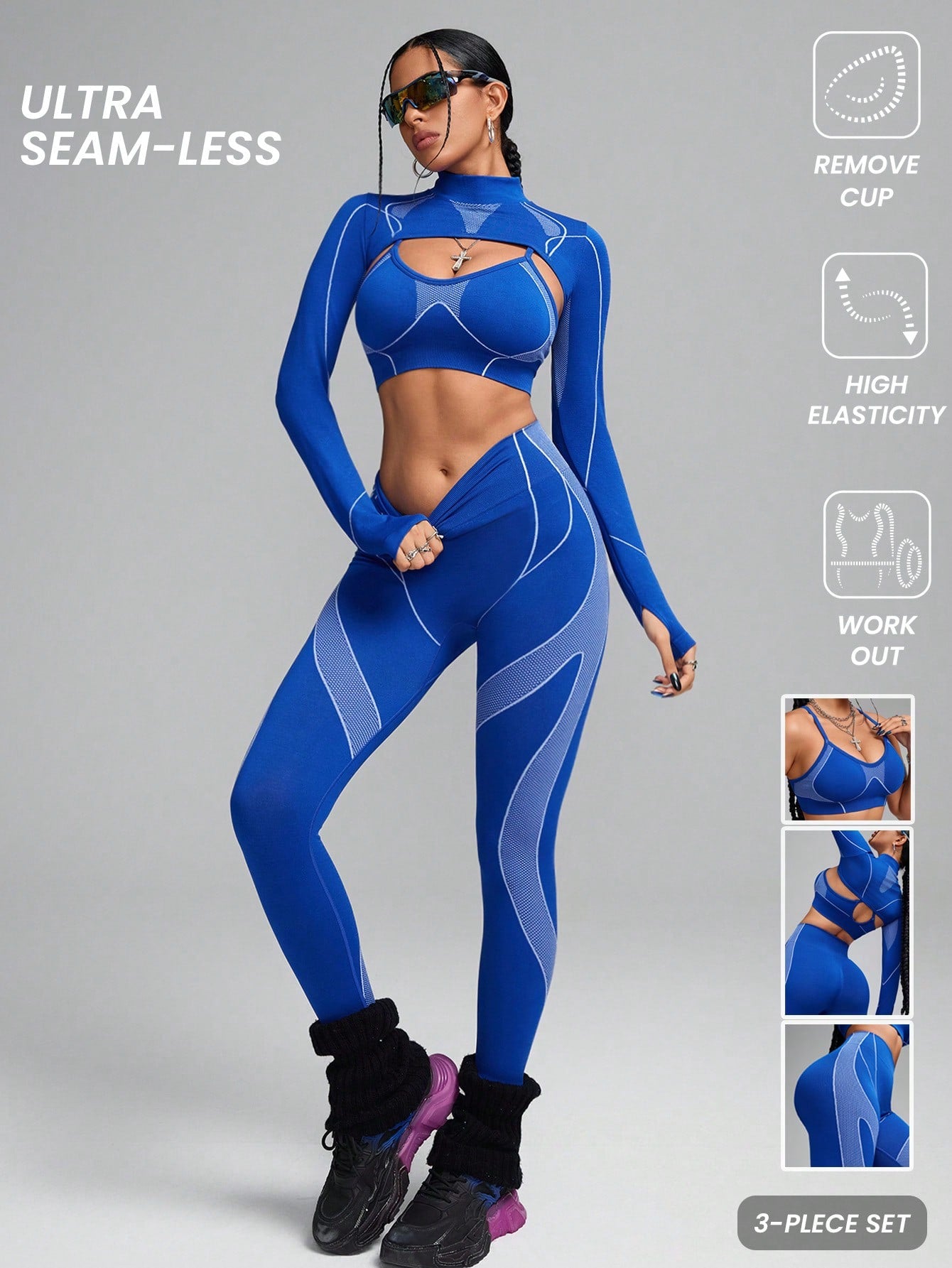 Sport Innovista Women's 3D Lines Dynamic Texture High Elastic Seamless Sports Sets 4pics, Three Piece Set, Women Workout Leggings,Gym Woman Tees,Daily Casual & Workout Tees,High Elastic Support Sports Bra,Gym Set,Fall Winter Women Outfit ,Outdoor,Skiing