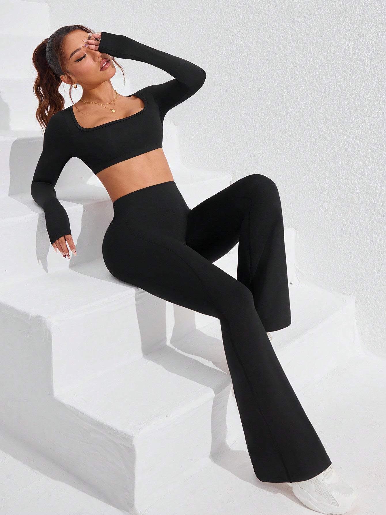 Sport CourtClass 2pcs/Set Slimming Waist-Enhancing Bust-Enhancing Sexy Cropped Top & Long Pants Outfit, Slim Fit, Suitable For Fitness, Fashion, Outdoor, Yoga Gym Set