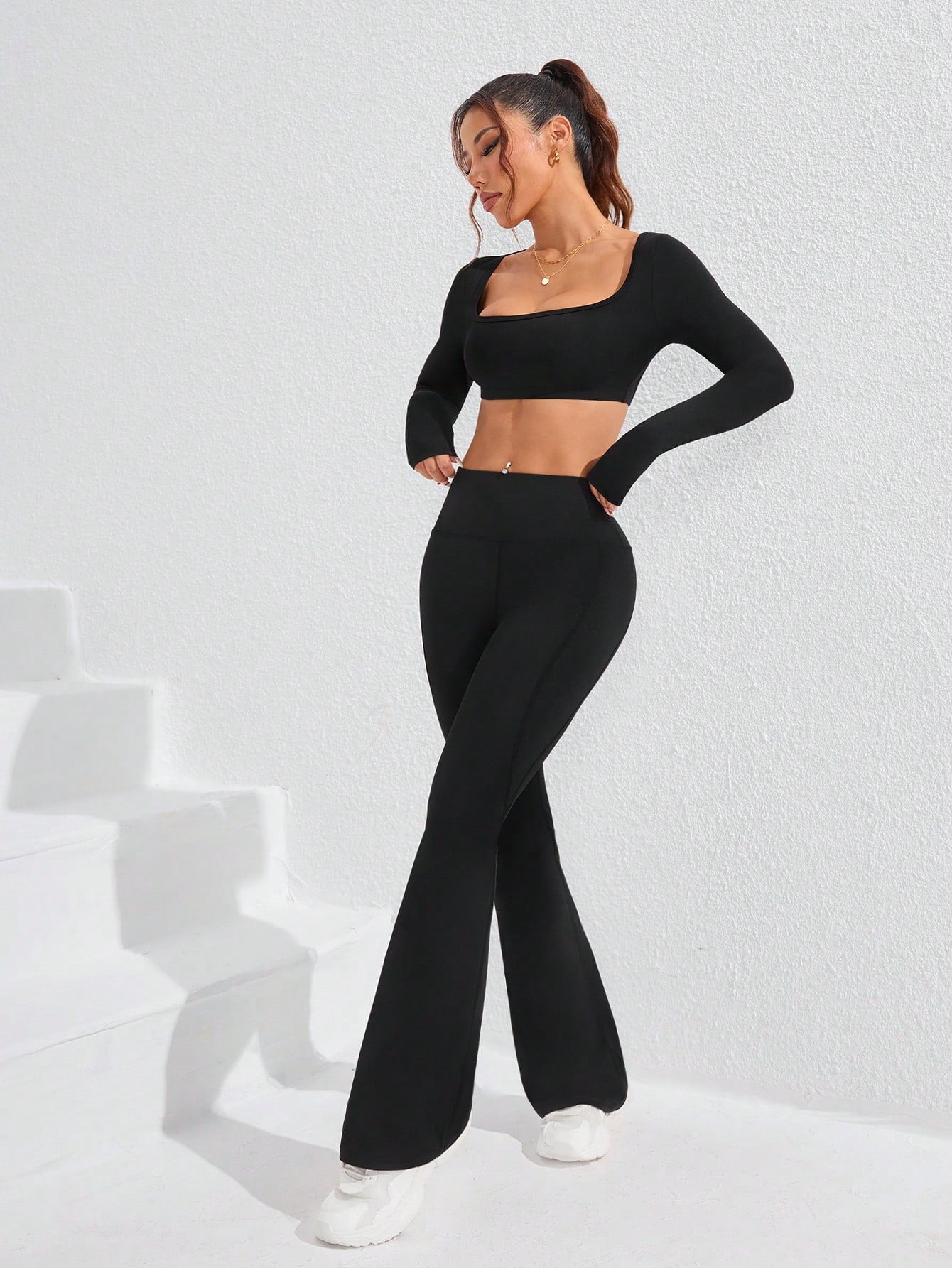 Sport CourtClass 2pcs/Set Slimming Waist-Enhancing Bust-Enhancing Sexy Cropped Top & Long Pants Outfit, Slim Fit, Suitable For Fitness, Fashion, Outdoor, Yoga Gym Set