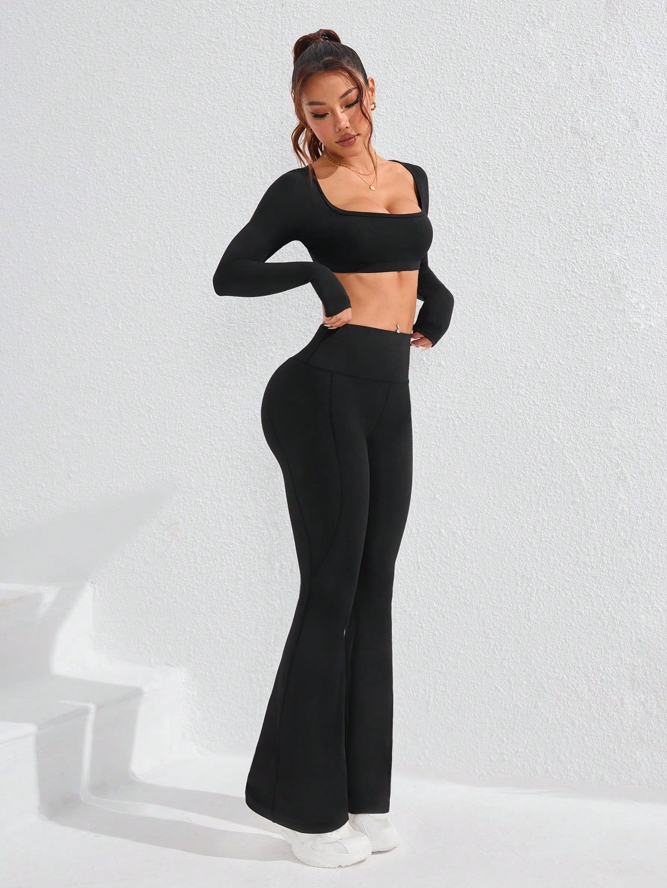 Sport CourtClass 2pcs/Set Slimming Waist-Enhancing Bust-Enhancing Sexy Cropped Top & Long Pants Outfit, Slim Fit, Suitable For Fitness, Fashion, Outdoor, Yoga Gym Set