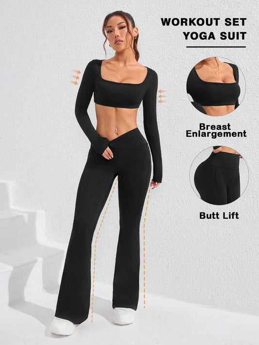 Sport CourtClass 2pcs/Set Slimming Waist-Enhancing Bust-Enhancing Sexy Cropped Top & Long Pants Outfit, Slim Fit, Suitable For Fitness, Fashion, Outdoor, Yoga Gym Set