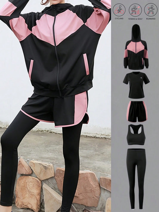 5pcs Women Sports Suit: Yoga Bra   Zipper Hoodie Loose Sweatshirt With Pockets   Breathable Short Sleeve Tee   Workout Leggings   Pockets Shorts, Minimalist Design