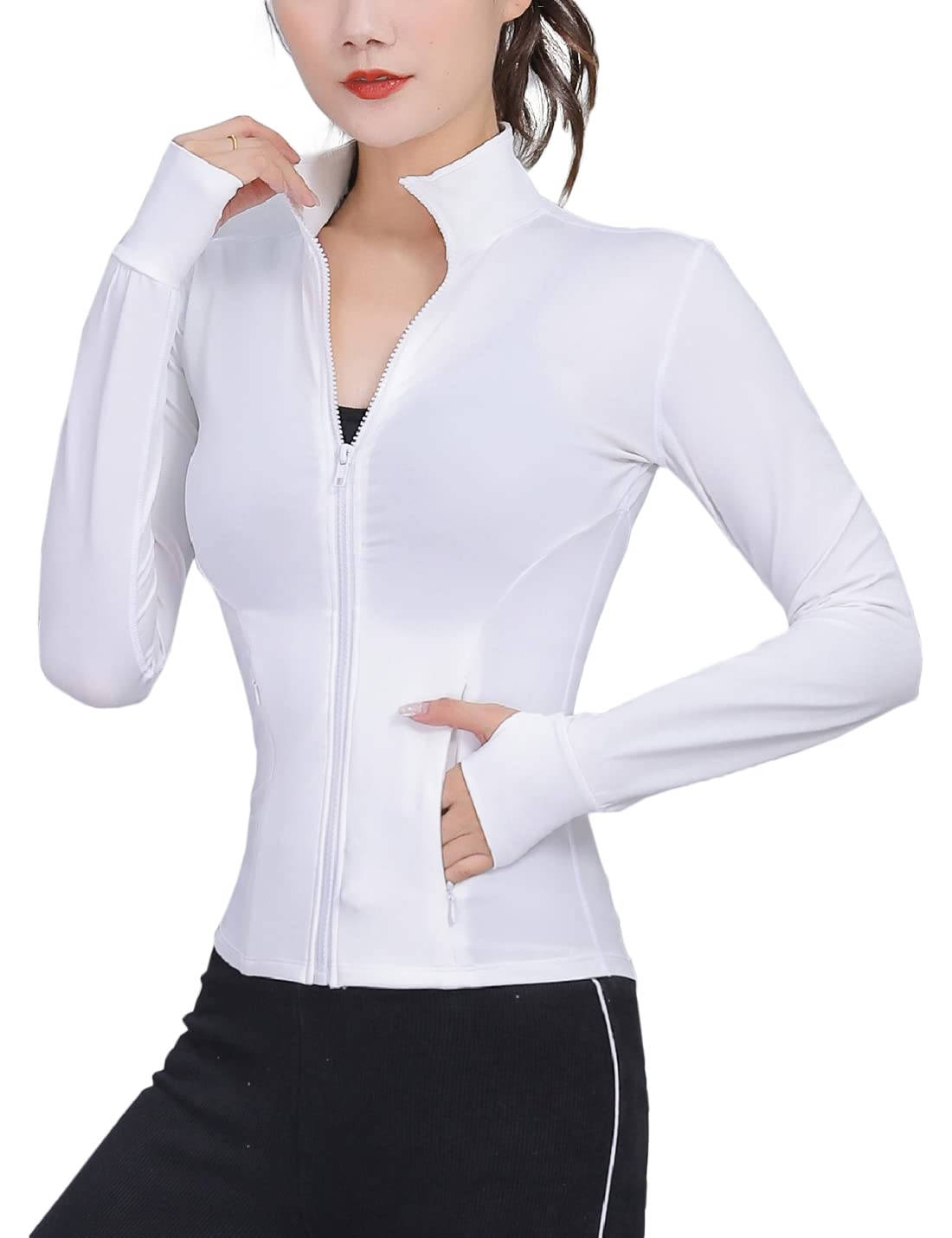 Lviefent Womens Lightweight Full Zip Running Track Jacket Workout Slim Fit Yoga Sportwear with Thumb Holes