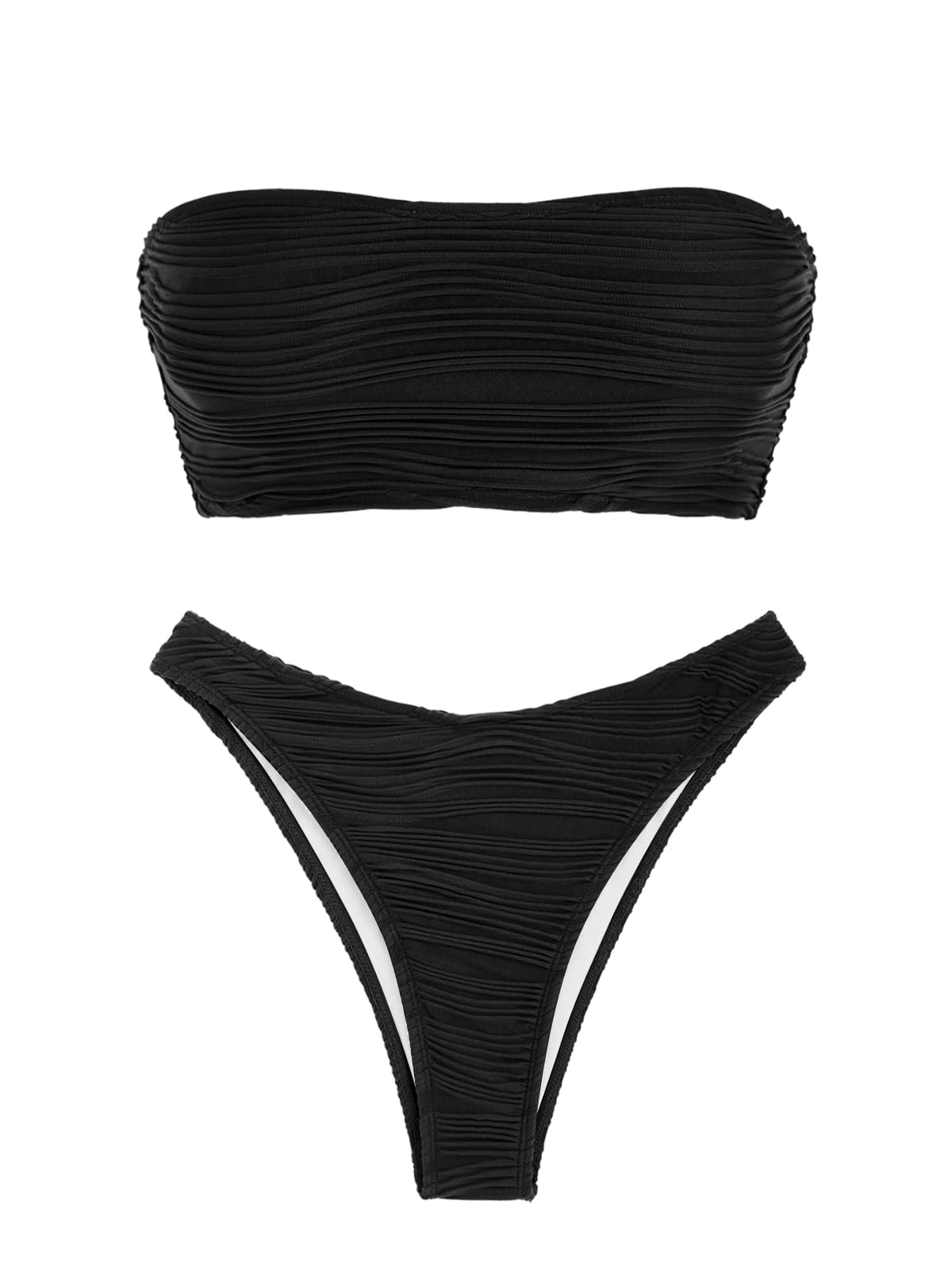 ZAFUL Women Strapless Wave Bandeau Bikini 2 Piece Swimwear Cheeky Solid Lace up Bathing Suits