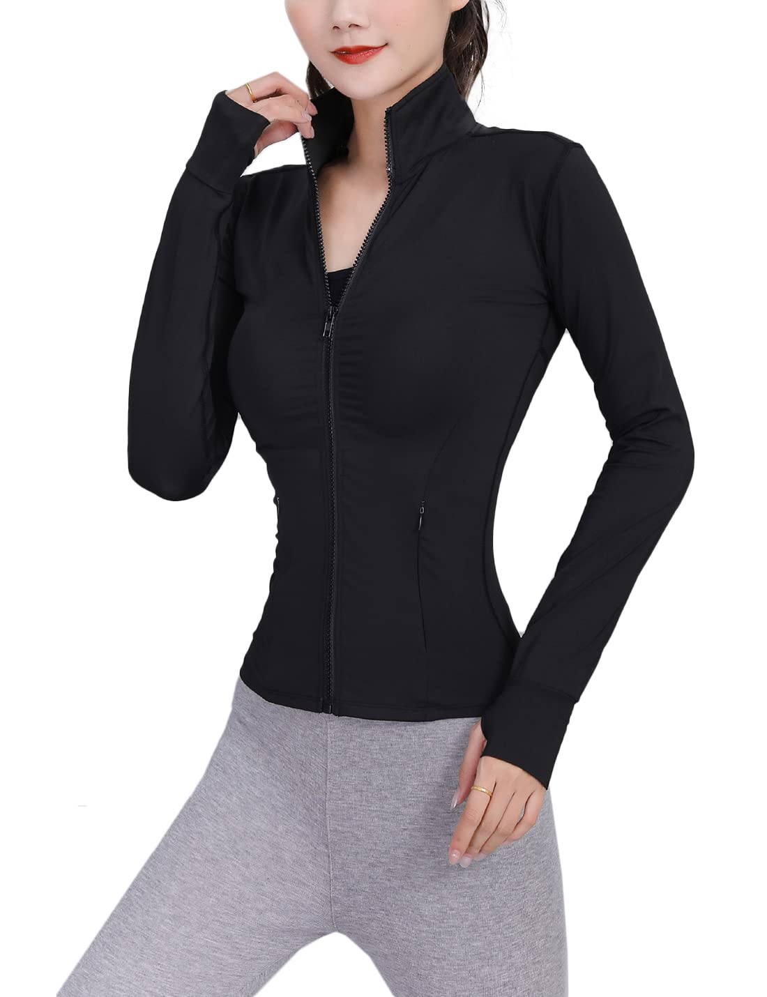 Lviefent Womens Lightweight Full Zip Running Track Jacket Workout Slim Fit Yoga Sportwear with Thumb Holes