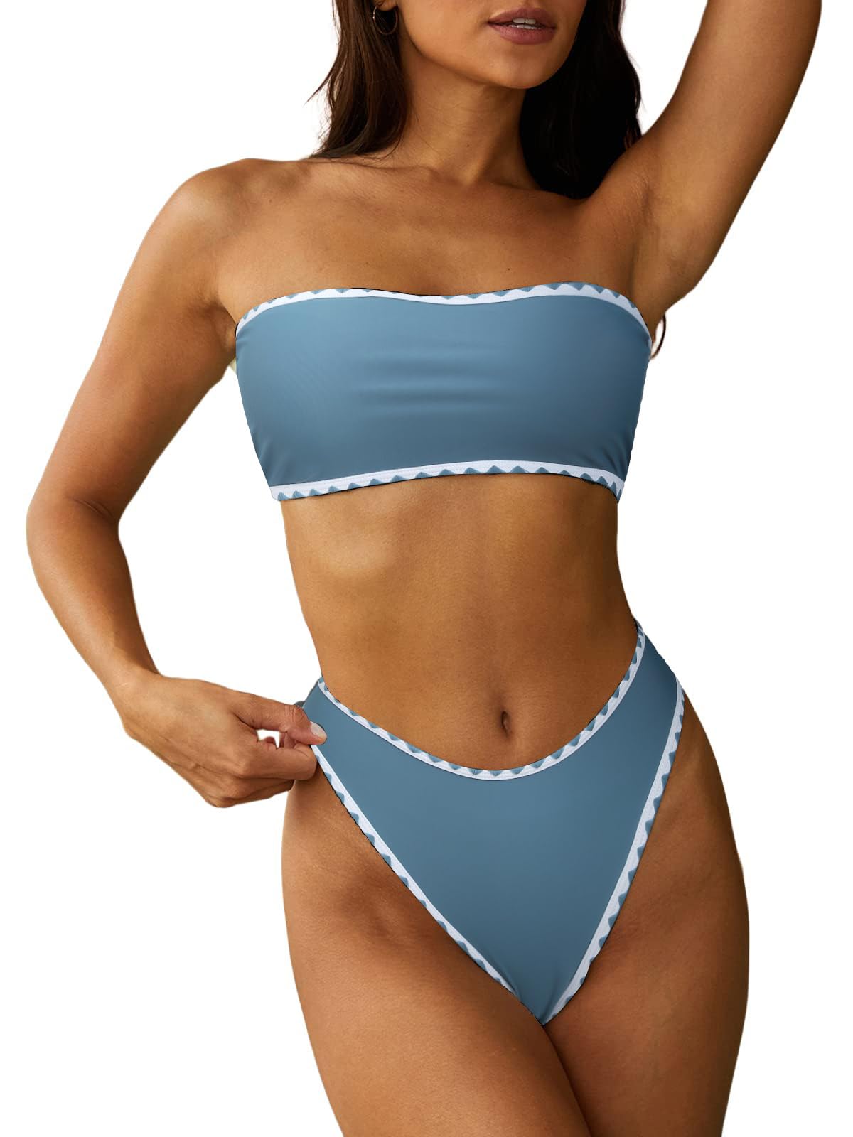 ZAFUL Women Strapless Wave Bandeau Bikini 2 Piece Swimwear Cheeky Solid Lace up Bathing Suits