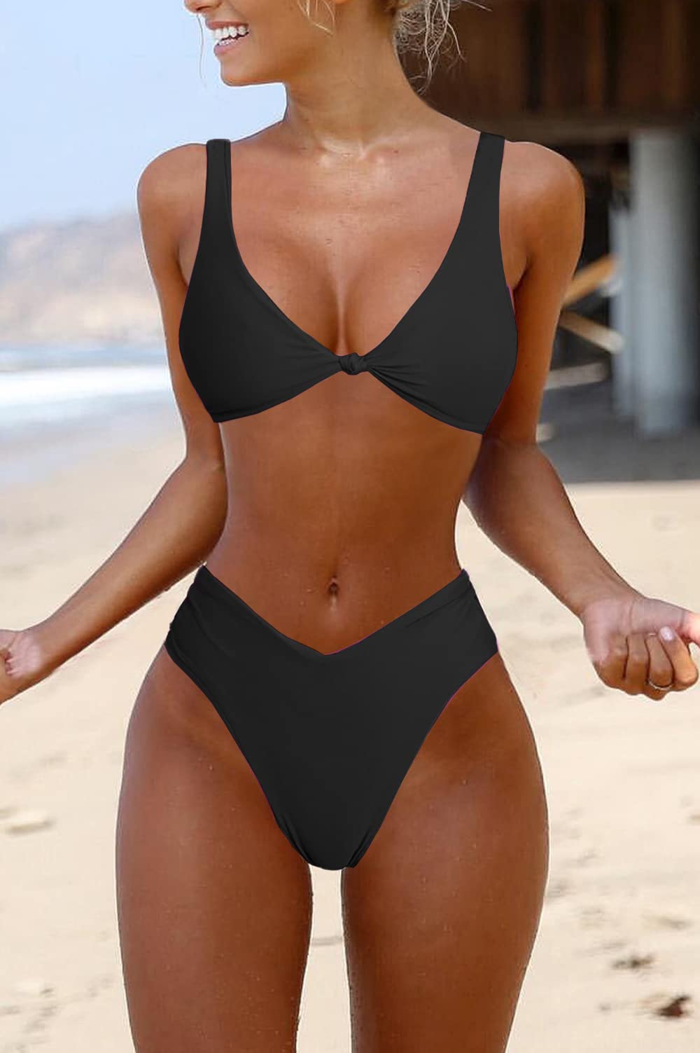 geluboao Bikini Set for Women Solid V Neck Knot Front Push Up High Leg Thong Two Piece Swimsuit