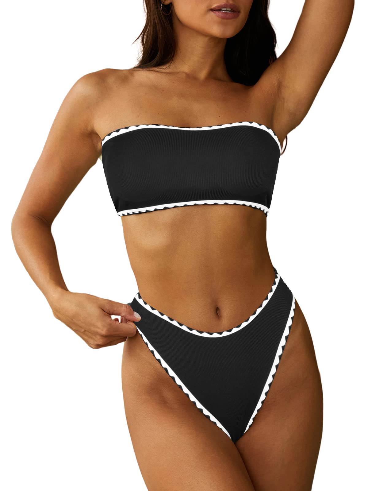 ZAFUL Women Strapless Wave Bandeau Bikini 2 Piece Swimwear Cheeky Solid Lace up Bathing Suits