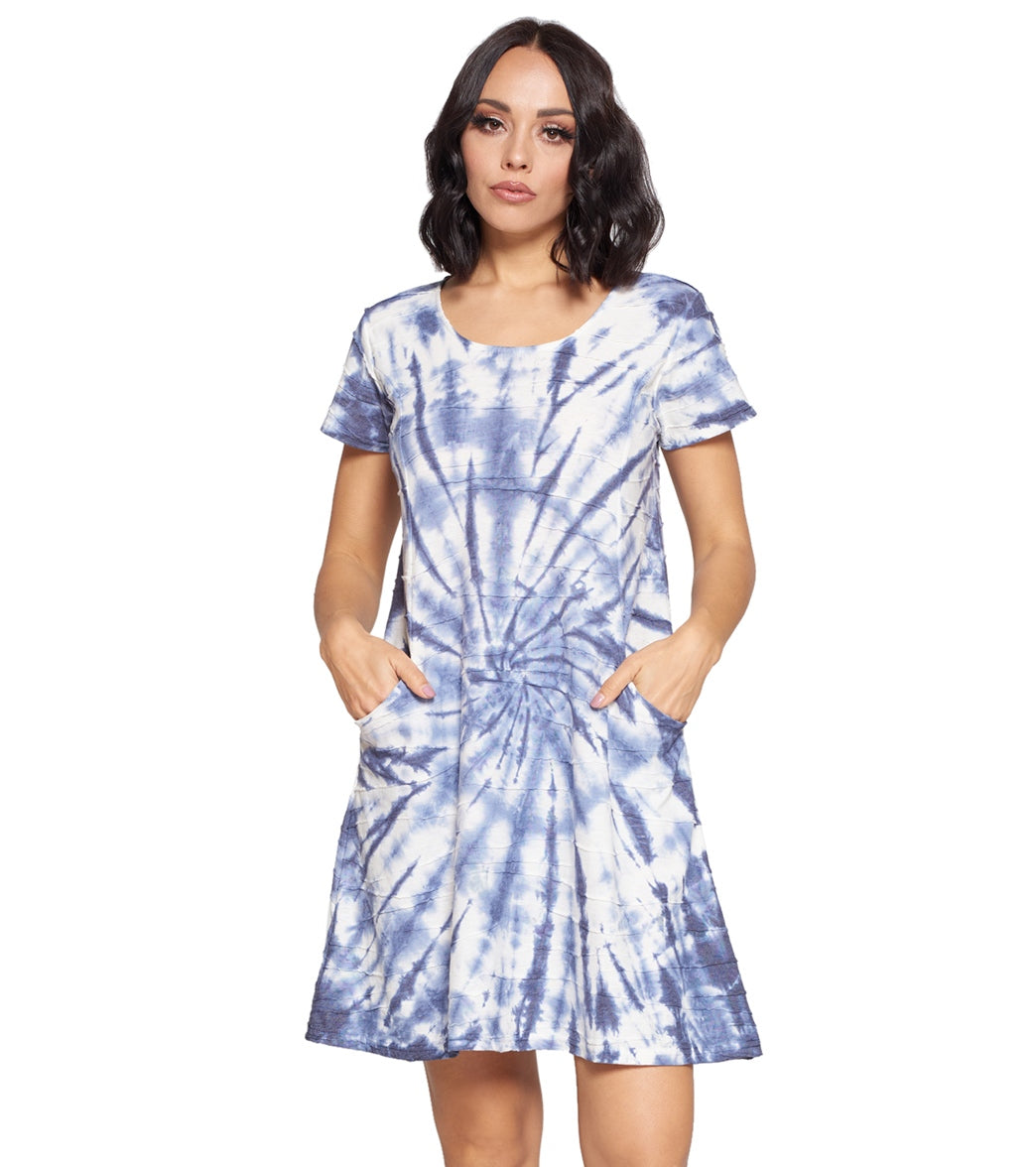 Yak & Yeti Dress Tie Dye Textured Fabric With Pockets Blue