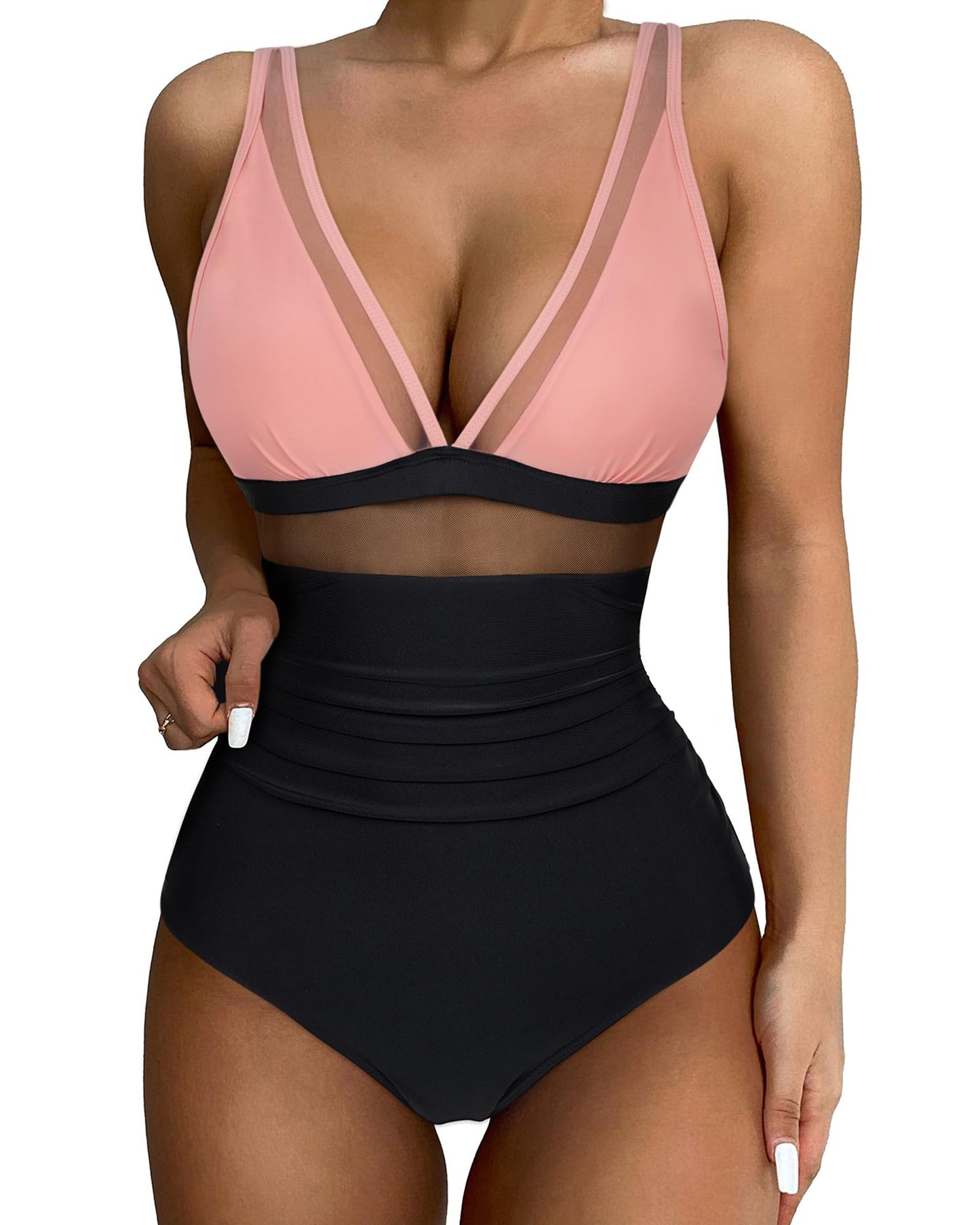 SUUKSESS Women Sexy Mesh Tummy Control Swimsuit Push Up High Waisted Bathing Suit