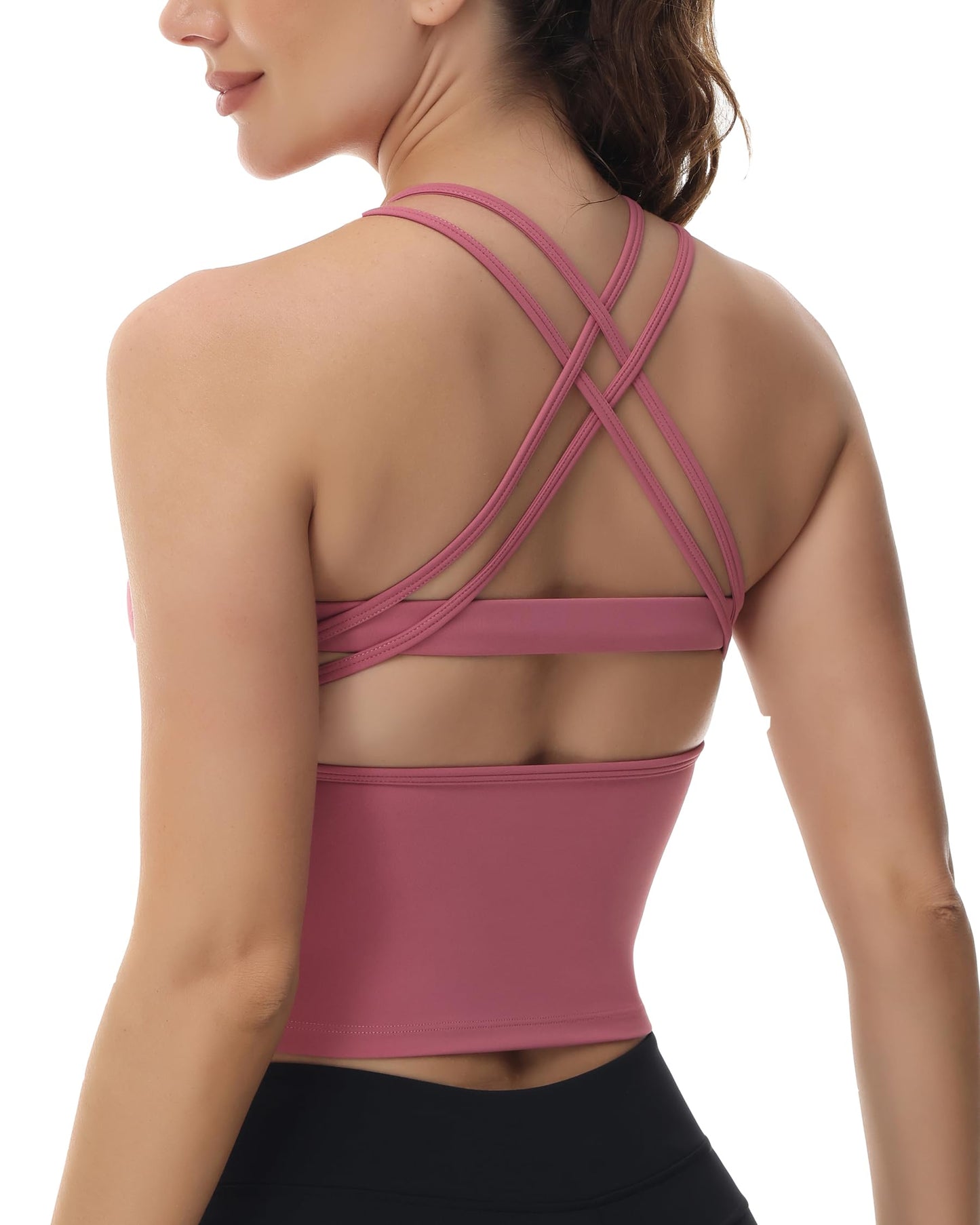 romansong Workout Tops for Women High Neck Strappy Cross Back Yoga Vests Longline Padded Cut Out Sexy Workout Tank Tops