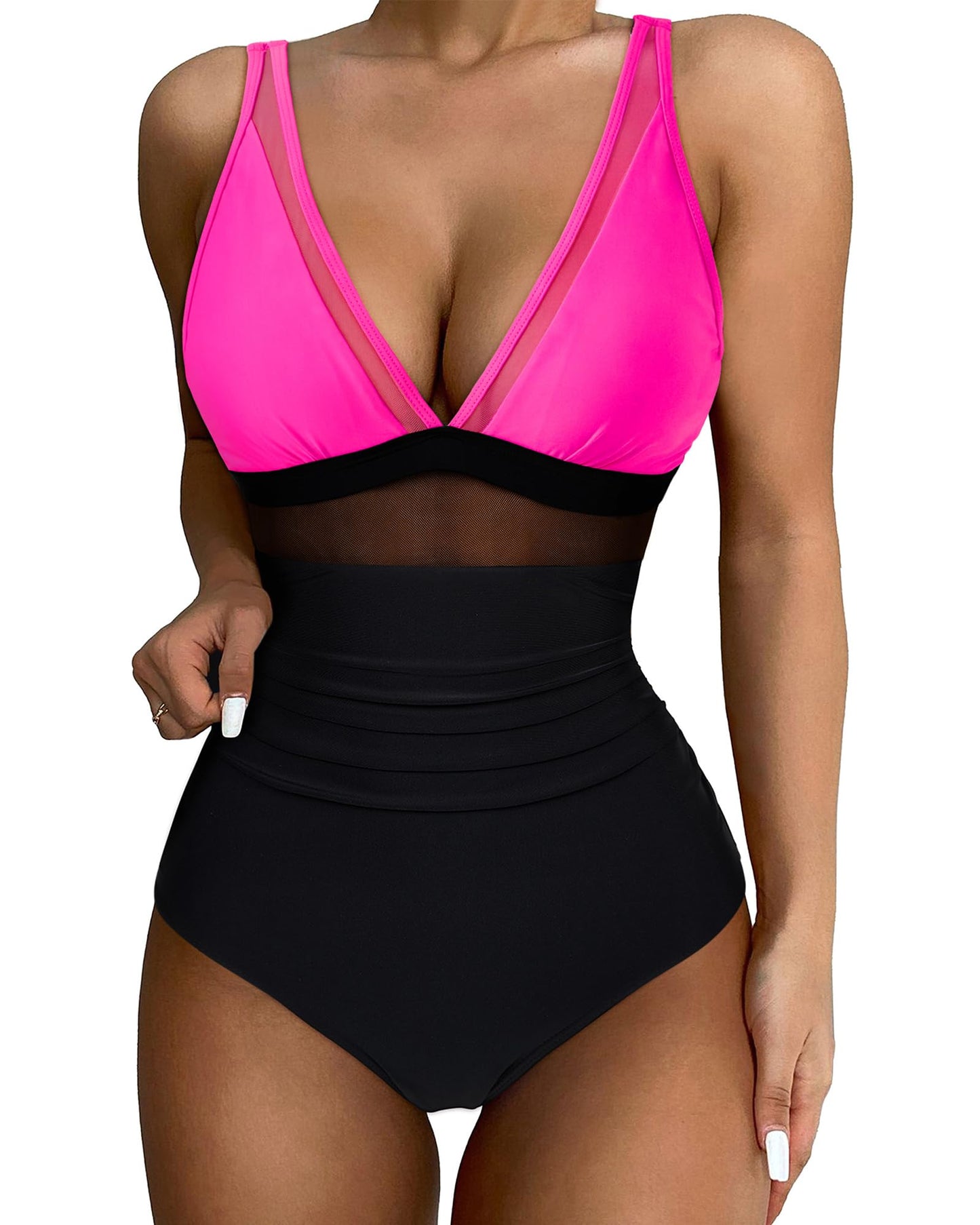 SUUKSESS Women Sexy Mesh Tummy Control Swimsuit Push Up High Waisted Bathing Suit